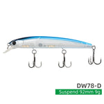 TSURINOYA 92SP Suspending Minnow Fishing Lure DW78 92mm 9g Long Casting 3 hooks Crank Bait Jerkbait