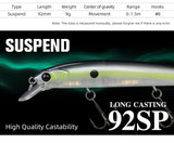 TSURINOYA 92SP Suspending Minnow Fishing Lure DW78 92mm 9g Long Casting 3 hooks Crank Bait Jerkbait