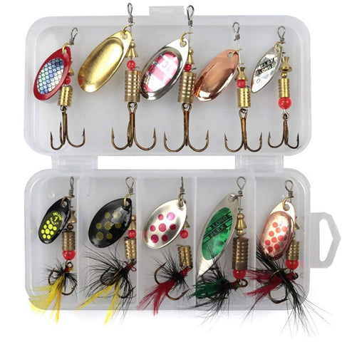 10pcs Boxed Rotating Spoon Kit Lure Fishing Lures Artificial Baits Metal Fish Hooks Bass Trout Perch Pike Rotating Sequins