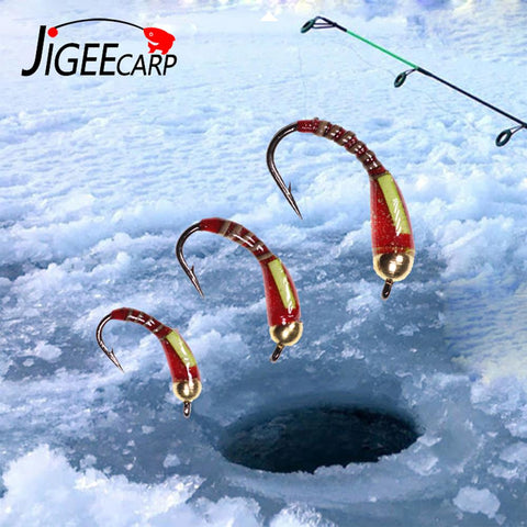 Jigeecarp 6pcs Brass Bead Head Buzzer Ice Fishing Fly Lure Jig Nymph Larvea